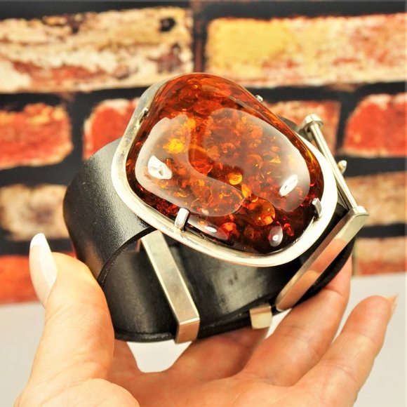 SUPER HUGE AMBER STERLING LEATHER RARE BRACELET 9 BY AMBERMODA UNISEX - Picture 4 of 16